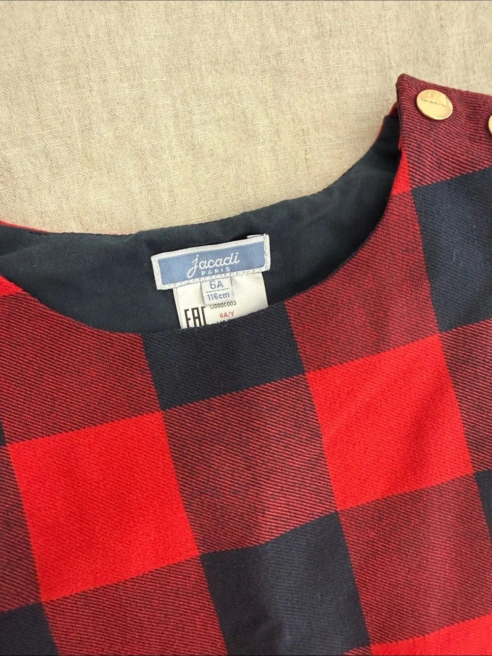 Jacadi Red and Navy Plaid Pinafore Dress